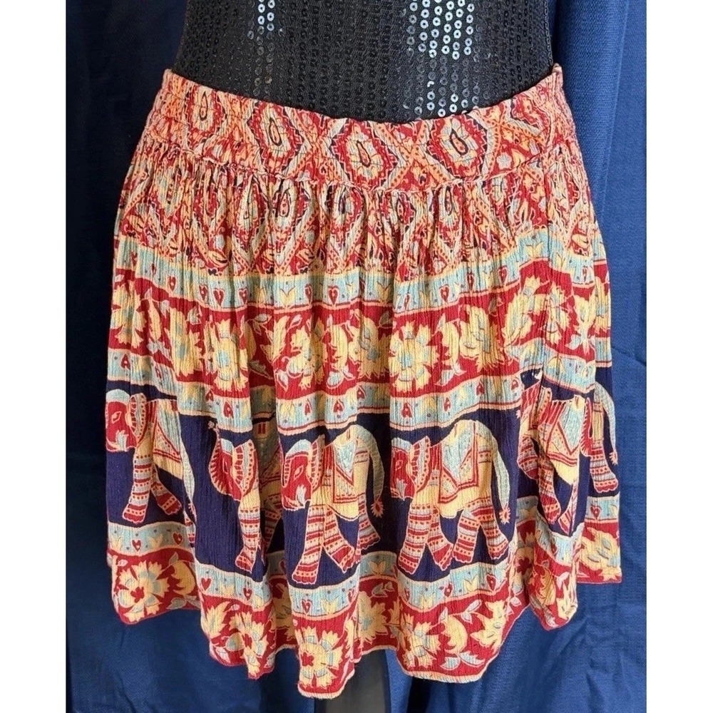 Chelsea & Violet Red Colorful Elephant  Skirt Women's Boho Indie Hippie